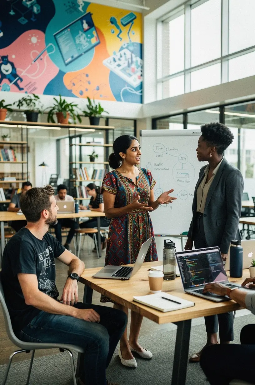 Smiling professional reviewing automation strategy documents in a modern office environment.