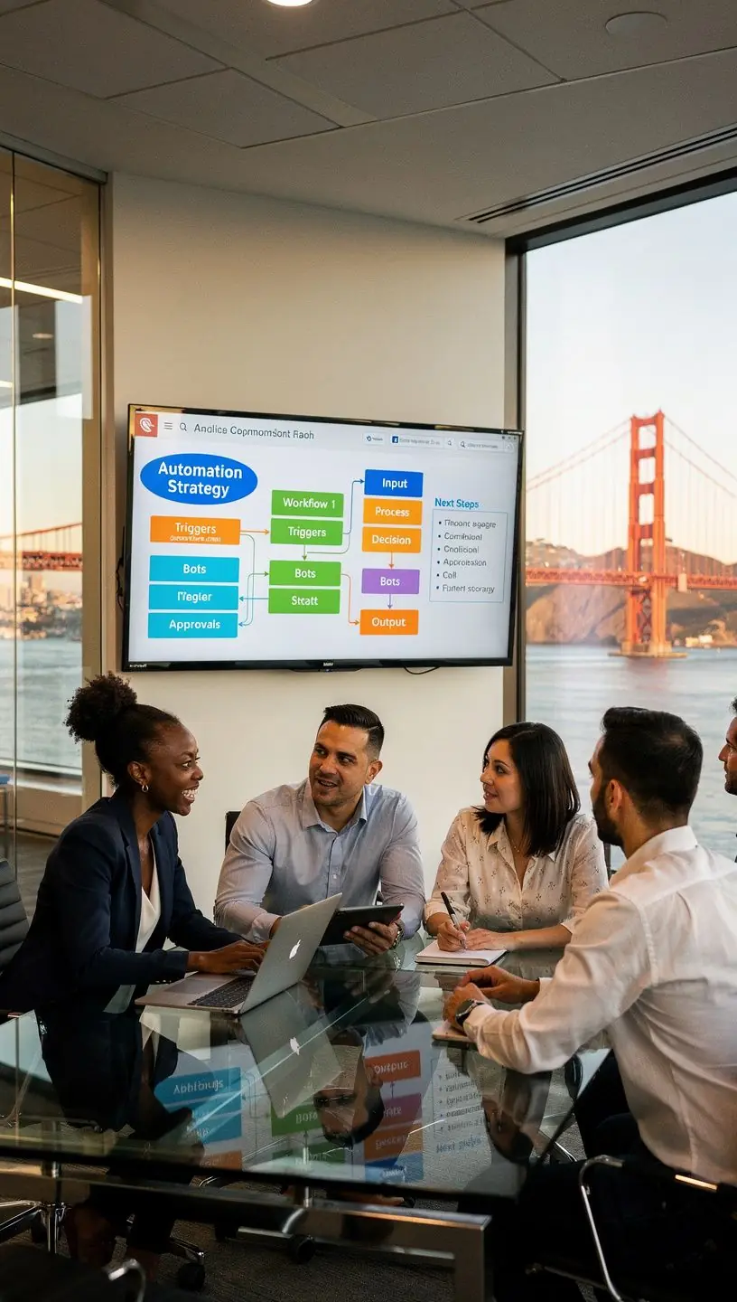 Close-up of hands typing on a laptop keyboard with automation workflow charts displayed on the screen.